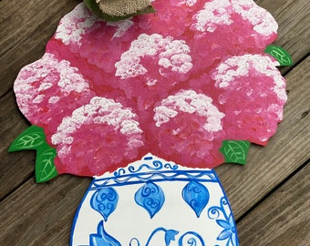 Chinoiserie Hydrangea Door Hanger, Hydrangea Door Hanger, Blue and White, Chinoiserie Flower Pot, Blue willow Decor, Hydrangea sign
