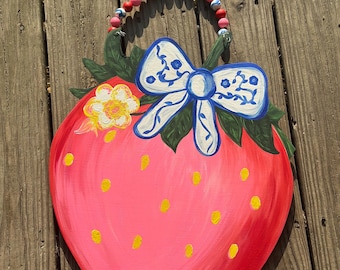 Hand Painted Strawberry Door Hanger with Bow, Beaded Hanger Spring Summer Decor, Cute Fruit Wall Art for Front Porch or Kitchen