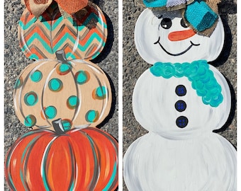 Pumpkin door hanger, Snowman Door Hanger, Stacked Pumpkin Door Hanger, Fall Door Hanger, Winter Door Hanger, Reversible Door Hanger