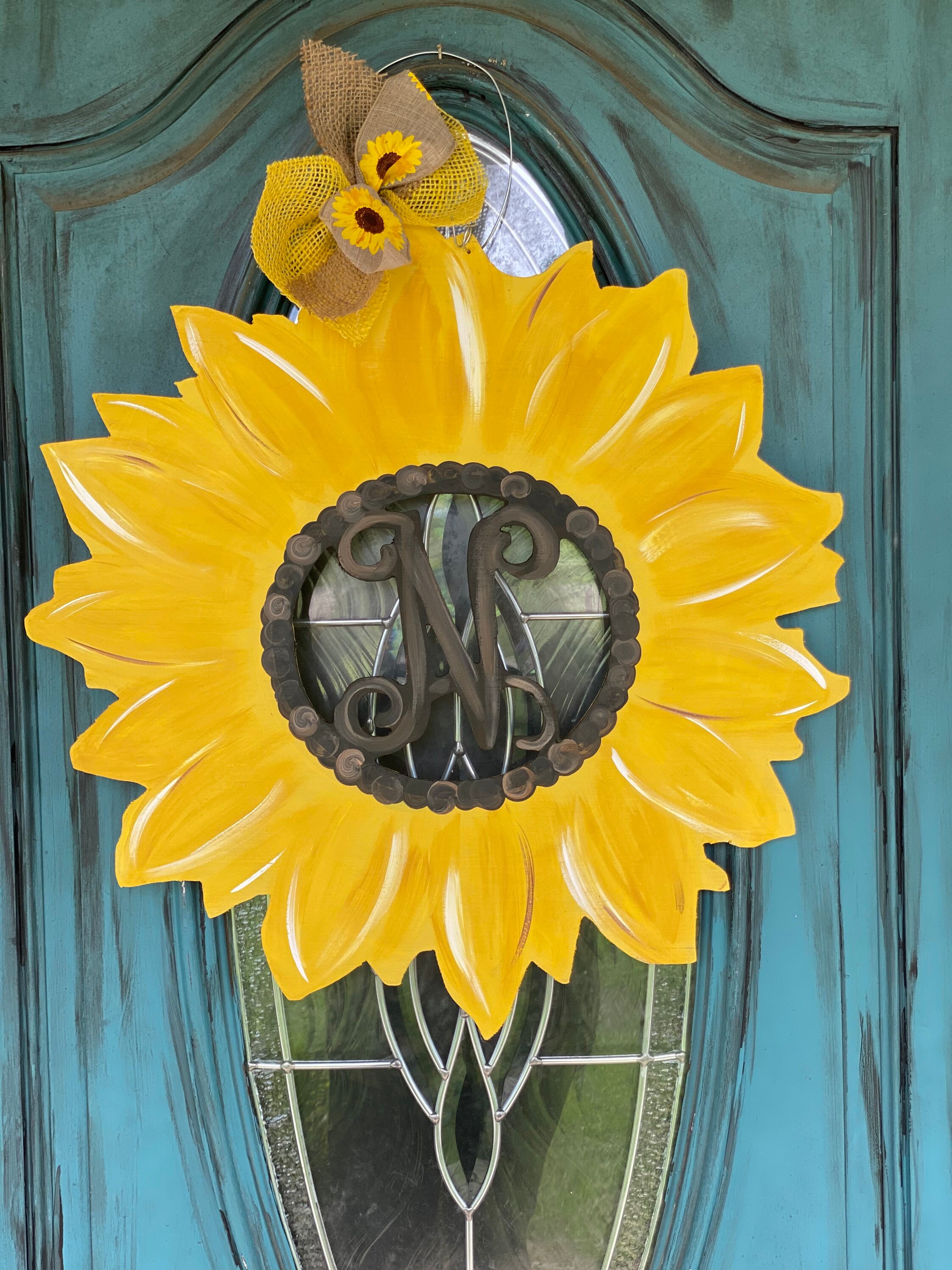 Wooden Sunflower Door Hanger Initial Sunflower Door Wreath Etsy