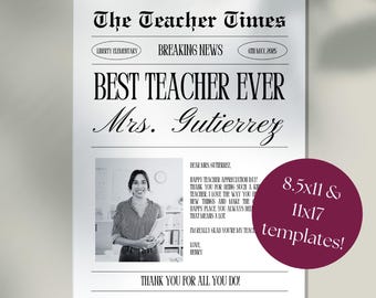 Teacher Appreciation Newspaper Template, Editable Floral Wrap (Canva, Digital Download)
