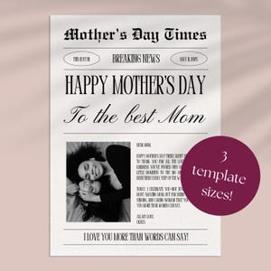 Modello di giornale per la festa della mamma con fiori, modello modificabile Canva, carta regalo personalizzata per la festa della mamma, download immediato