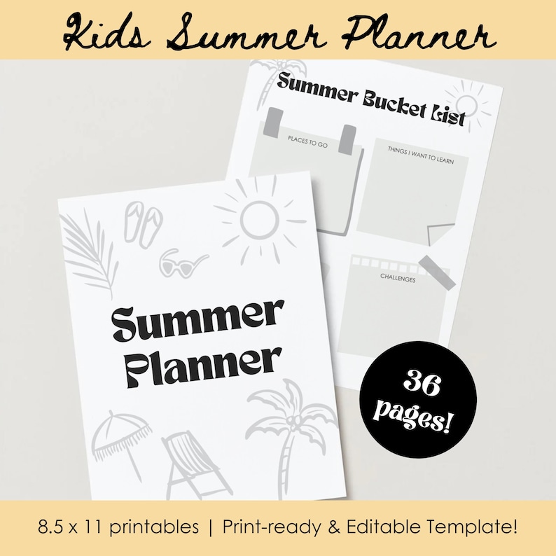 Peut inclure: Un planificateur d'&eacute;t&eacute; imprimable avec un design noir et blanc. Le planificateur comprend une liste de choses &agrave; faire, des endroits &agrave; visiter, des choses &agrave; apprendre et des d&eacute;fis. Le planificateur mesure 8,5 x 11 pouces et comporte 36 pages.