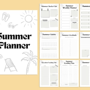Peut inclure: Un planificateur d'&eacute;t&eacute; imprimable avec un design noir et blanc. Le planificateur comprend des pages pour une liste de choses &agrave; faire, un planificateur hebdomadaire, des objectifs, des habitudes, la gratitude, les corv&eacute;es, une liste de colisage pour les vacances, un plan de lecture et un bilan d'&eacute;t&eacute;.