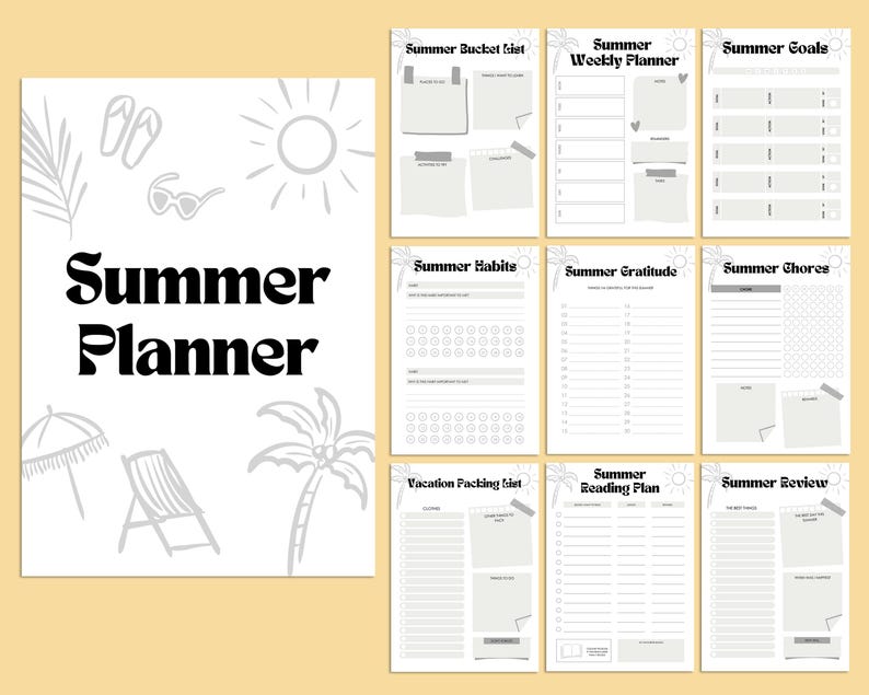 Peut inclure: Un planificateur d'&eacute;t&eacute; imprimable avec un design noir et blanc. Le planificateur comprend des pages pour une liste de choses &agrave; faire, un planificateur hebdomadaire, des objectifs, des habitudes, la gratitude, les corv&eacute;es, une liste de colisage pour les vacances, un plan de lecture et un bilan d'&eacute;t&eacute;.