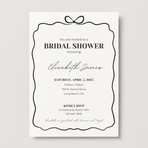 Bow Bridal Shower Invitation Template Bow Theme Bridal Shower Customizable Editable Bridal Shower Invite Black and White Bow