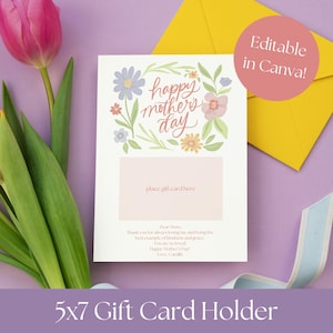 Afdrukbare Moederdagcadeaukaarthouder Last Minute Moederdagcadeau Bloemen Bloemen Instant Download bewerkbare Happy Mother's Day-kaart