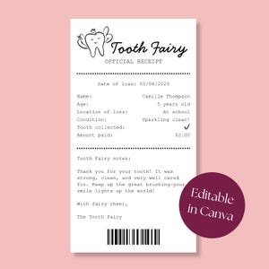 Carta de recibo del Hada de los Dientes para imprimir Certificado del Hada de los Dientes Primer diente perdido Carta del Hada de los Dientes para niños Carta del Hada de los Dientes Recibo de diente perdido