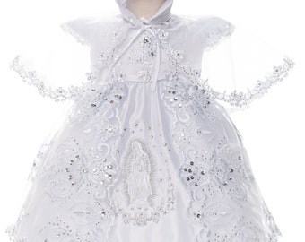 Infant Virgin Mary Embroidered Baptism Dress with Floral Lace, embroidered dress, christening dress, baby infant toddler dress, white dress