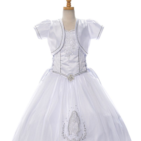 Spaghetti Straps First Communion Dress with Virgin Mary Embroidered