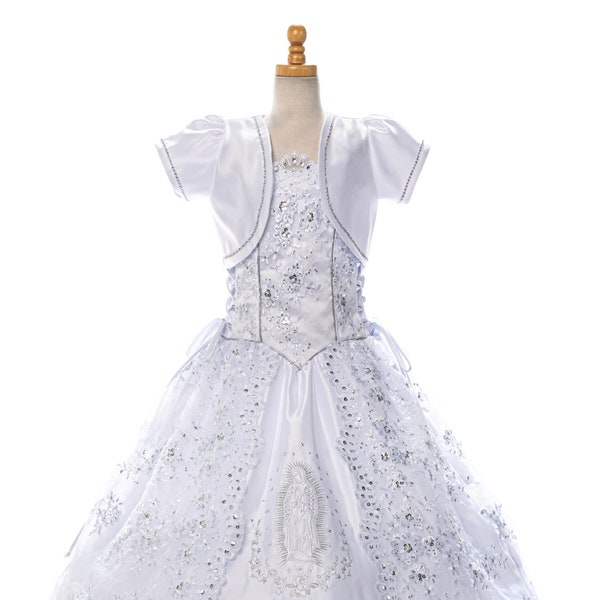 Spaghetti Straps Intricate Floral Design Virgin Mary Embroidered First Communion Dress