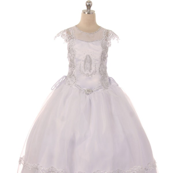 Virgin Mary Embroidered Illusion Sweetheart Neckline First Communion Dress