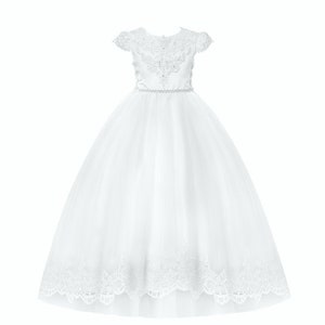 First Communion Dress with Intricate Beaded Lace Embroidery on the Bodice and Lace Cap Sleeves, Communion Gown