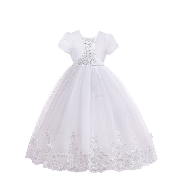 Sleeveless Communion Dress with Illusion sSweetheart Neckline and Intricate Embroidery Bodice. , First Communion Dress, Communion Gown