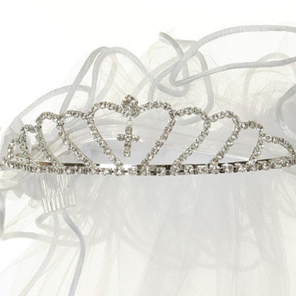 Heart Shaped Tiara Veil with Small Cross, flower crown, headpiece, hairpiece, headdress, tiara, tulle, bow, girls tiara, white tiara