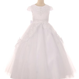 First Communion Dress with Sequin Beaded Floral Lace Cap Sleeves, Sequin Beaded Floral Lace on Neckline and Waist line