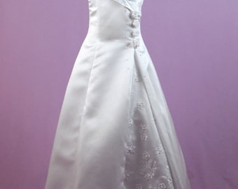 White Bridal Satin A Line Flower Girl Dress, white dress, special occasion dress, flower decorated, long dress, dresses, off-shoulder dress