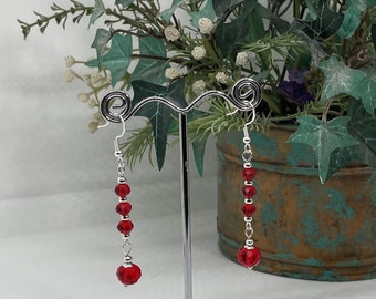 Womens Red Rondelle Beads Glass Crystal Vintage Style Pierced Earrings SS Ear Hooks Hand Made
