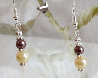 Pretty Coffee &  Rich Cream Glass Pearl Beads Dangle Pierced Earrings