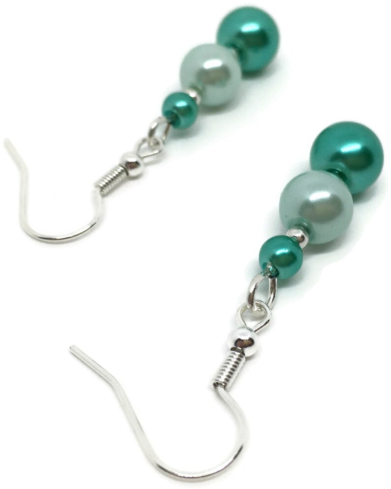Pretty Pierced Earrings Turquoise Green Pearl Glass Beads 4.5cm Drop Handmade.