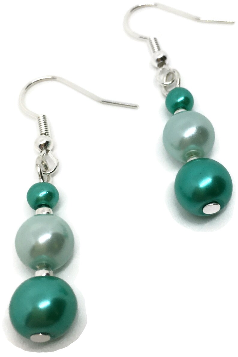 Pretty Pierced Earrings Turquoise Green Pearl Glass Beads 4.5cm Drop Handmade.