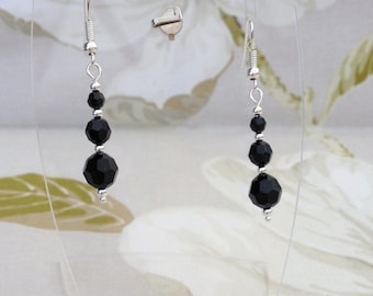 Ladies Swarovski Jet Faceted Black Round Bead Pierced Dangle Earrings