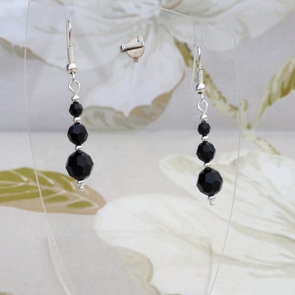 Ladies Swarovski Jet Faceted Black Round Bead Pierced Dangle Earrings