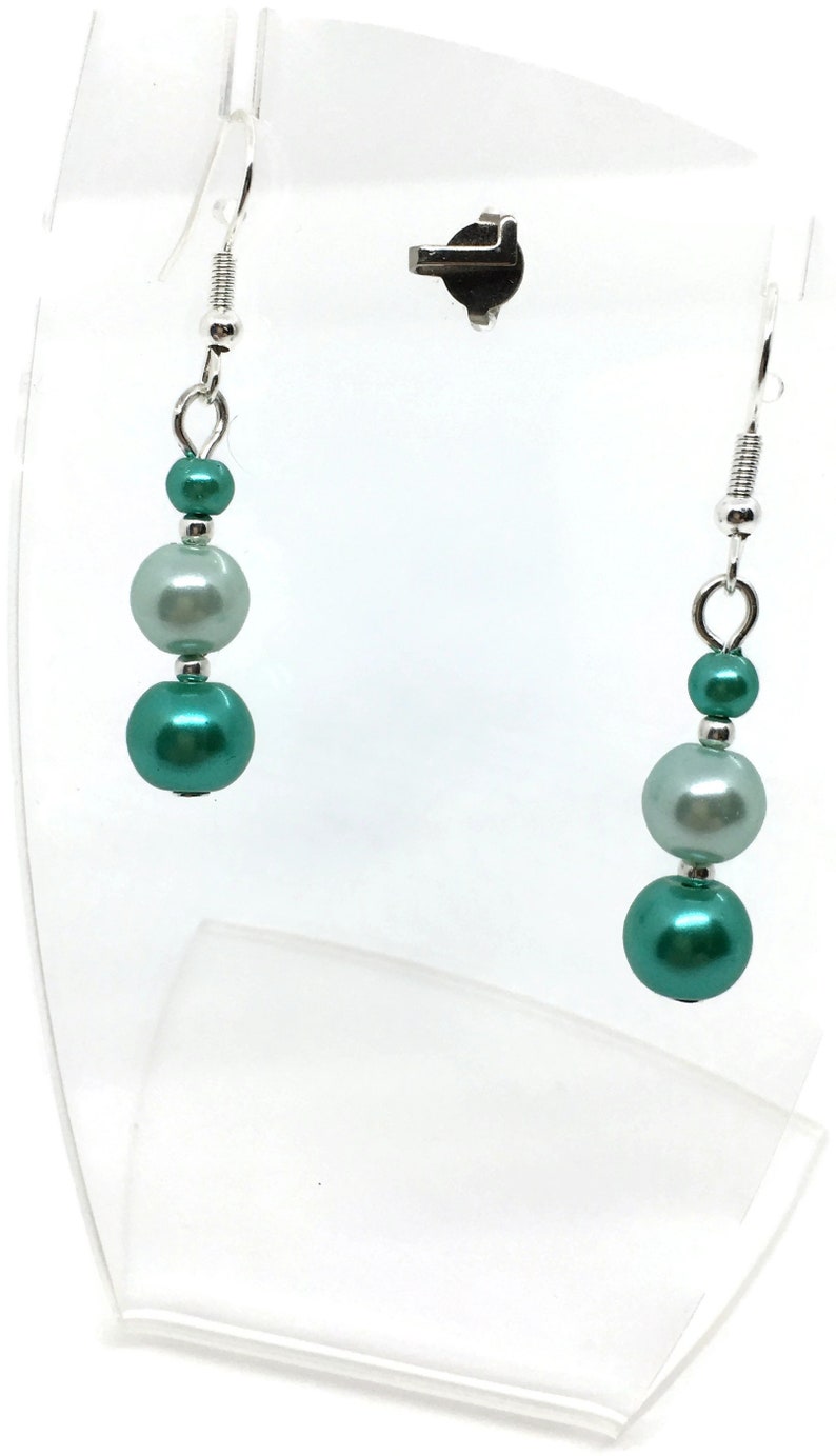 Pretty Pierced Earrings Turquoise Green Pearl Glass Beads 4.5cm Drop Handmade.