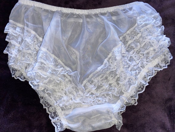 Vintage Style Bridal White 3 Row V Ruffles Sissy Maids Knickers Sheer Soft  Nylon Size L to X Large 