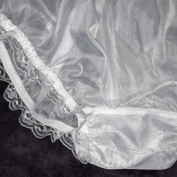 Vintage Style Bridal White ruffled Sissy Tanga knickers Panties sheer Soft Nylon Size Large