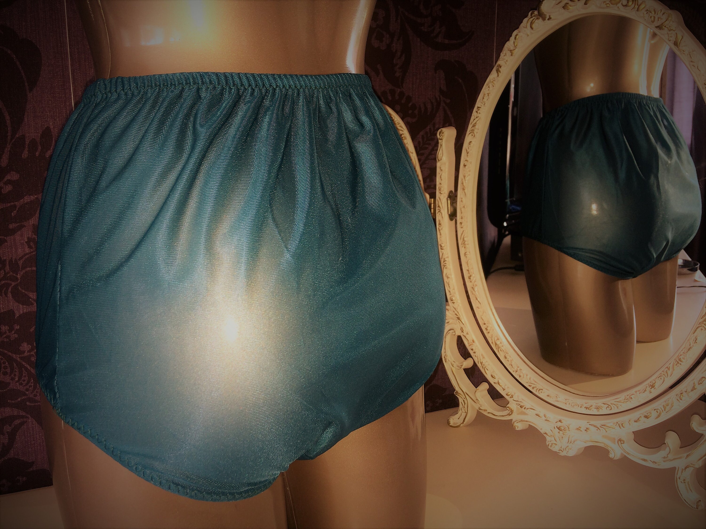 Vintage Style Knickers 70's 80's Granny Panties Knickers OLIVE Green Semi Sheer Slippery Size