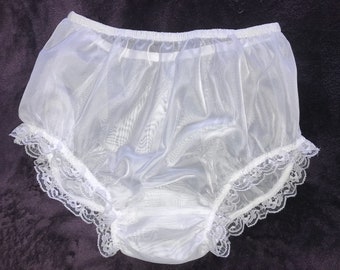 Estilo vintage nupcial branco com babados calcinha Sissy calcinha pura macia de nylon tamanho grande