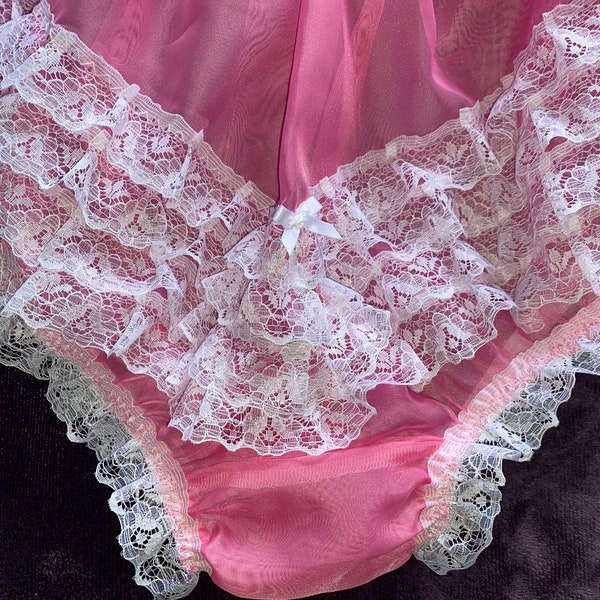 Vintage Style Cerise Pink with Bridal White Four row V ruffles Sissy Maids knickers sheer Soft Nylon XL - XX Large Plus Size