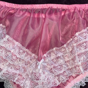 Vintage Style Cerise Pink with Four row V ruffled Back Sissy Maids or dress up knickers sheer Soft Nylon Size Med to Large