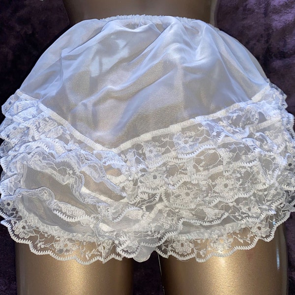 Vintage Style Bridal White 3 row V ruffles Sissy Maids knickers sheer Soft Nylon Size L to X Large