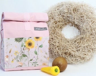 Brotbeutel, Lunchbag, Vesperbeutel, Canvas, Schulbrottasche, Brotzeitbeutel "Mäuschen in der Wiese rosa" innen mit beschichteter Baumwolle