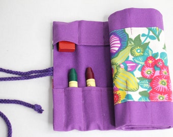 Waldorf pencil case, Waldorf, roll-up pencil case "Big retro Flowers purple" for 17 pencils and 13 pads, gift, school enrollment