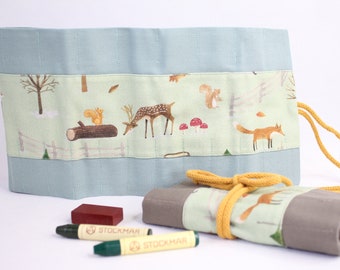 Roll-up pencil case. Waldorf pencil case, Waldorf "Fox and Deer" for 17 pencils and 13 blocks, gift, school enrollment