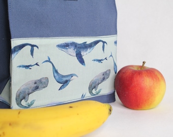 Brotbeutel, Lunchbag, Vesperbeutel, Canvas, Schulbrottasche "Wale blau"