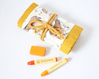 Waldorf pencil case, Waldorf, roll-up pencil case "Donkey love yellow" for 17 pencils and 13 blocks, gift, school enrollment