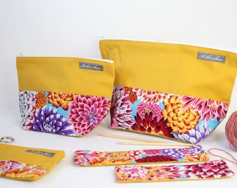 Knitting needle bag/needle bag crochet needle bag project bag with zipper "Dahlia yellow"