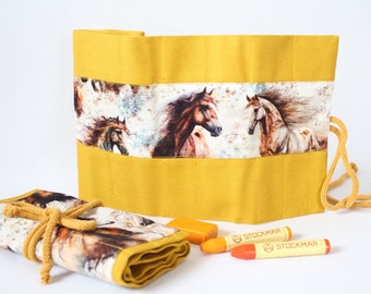 Waldorf pencil case, Waldorf, roll-up pencil case "Wild Horses yellow" for 17 pencils and 13 blocks, gift, school enrollment
