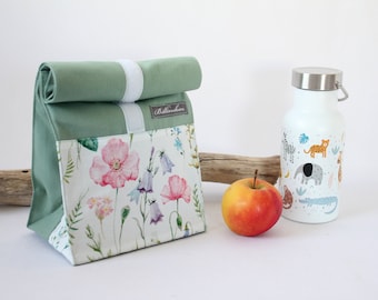 Brotbeutel, Lunchbag, Vesperbeutel, Canvas, Schulbrottasche Brotzeitbeutel  "Blumenliebe" innen mit beschichteter Baumwolle