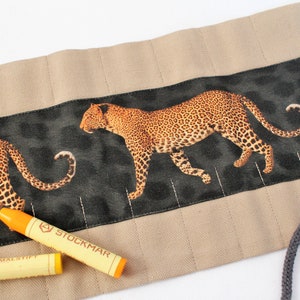 Roll case Waldorf, Waldorf case "Leopards" for 17 wax crayons and 13 pads, school enrollment, gift