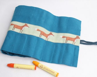 Waldorf pencil case, Waldorf, rolling pencil case "Red Foxes" for 17 pens and 13 pads