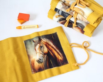 Waldorf pencil case, Waldorf, roll-up pencil case "horse head yellow" for 17 pencils and 13 blocks, gift, school enrollment