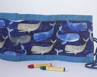 Waldorf pencil case / rolling pencil case Waldorf "Whales on Jeans" for 17 wax crayons and 13 blocks, school enrollment, gift