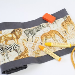 Roll case Waldorf pencil roll "lions, giraffes and zebras" for 17 wax crayons and 13 pads, school enrollment, gift