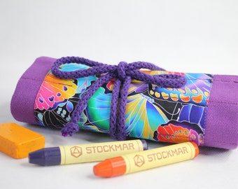 Roll-up pencil case. Waldorf pencil case, Waldorf "Butterflies purple" for 17 pencils and 13 pads, gift, school enrollment