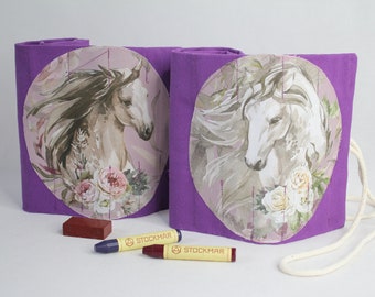 Roll-up pencil case Waldorf wax crayons "My dream horse purple" for 17 wax crayons and 13 blocks, school enrollment, gift